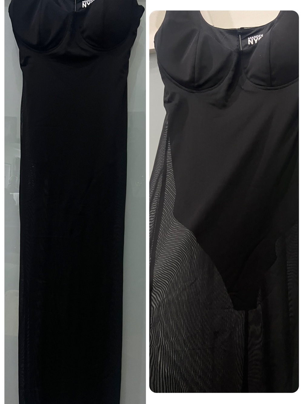 BRAND NEW Madden NYC Black Mesh Insert Bodycon Maxi Dress Size XXS
